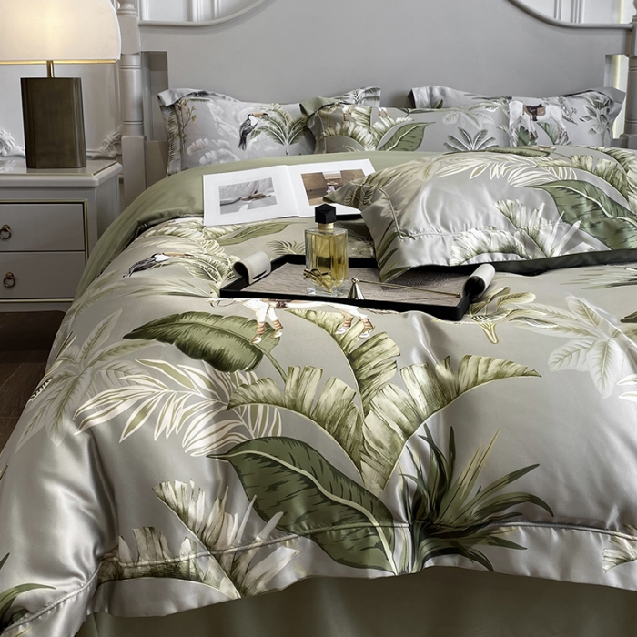 91家纺网 家纺一手货源 找家纺 优悦2023新款印花美式冰丝水洗真丝四件套 美式丛林-绿