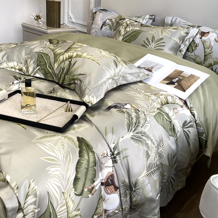 91家纺网 家纺一手货源 找家纺 优悦2023新款印花美式冰丝水洗真丝四件套 美式丛林-绿