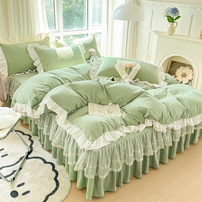 91家纺网 家纺一手货源 找家纺 （总）言熙居 2023新款A类清新风棉麻双层纱直播爆款床裙四件套