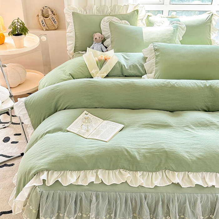 91家纺网 家纺一手货源 找家纺 （总）言熙居 2023新款A类清新风棉麻双层纱直播爆款床裙四件套