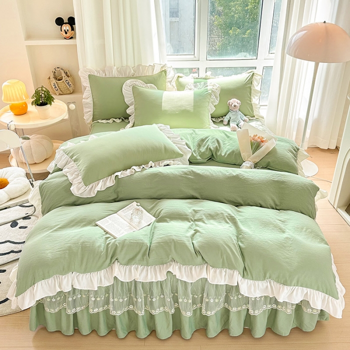 91家纺网 家纺一手货源 找家纺 （总）言熙居 2023新款A类清新风棉麻双层纱直播爆款床裙四件套