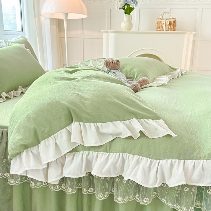 91家纺网 家纺一手货源 找家纺 （总）言熙居 2023新款A类清新风棉麻双层纱直播爆款床裙四件套