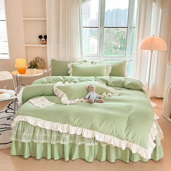 91家纺网 家纺一手货源 找家纺 （总）言熙居 2023新款A类清新风棉麻双层纱直播爆款床裙四件套