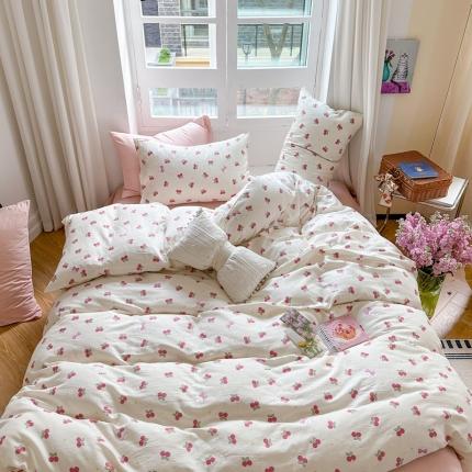 91家纺网 家纺一手货源 找家纺 时年 2023新款全棉母婴级有氧双层纱夏被四件套 樱桃小兔