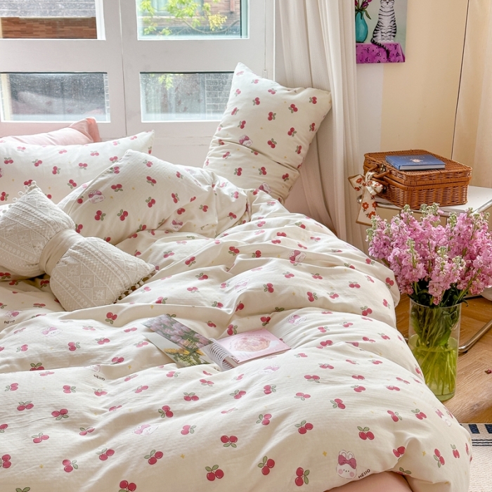 91家纺网 家纺一手货源 找家纺 时年 2023新款全棉母婴级有氧双层纱夏被四件套 樱桃小兔
