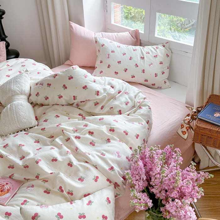91家纺网 家纺一手货源 找家纺 时年 2023新款全棉母婴级有氧双层纱夏被四件套 樱桃小兔
