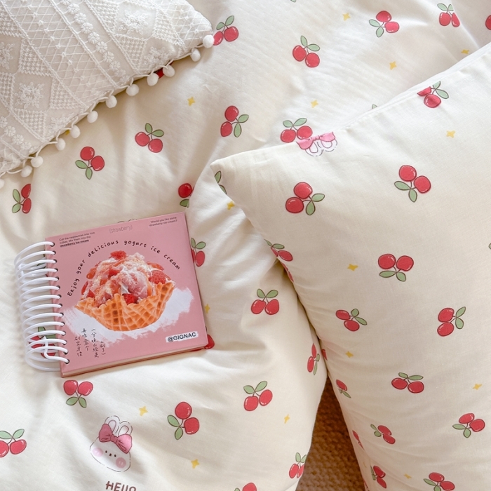 91家纺网 家纺一手货源 找家纺 时年 2023新款全棉母婴级有氧双层纱夏被四件套 樱桃小兔