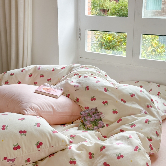 91家纺网 家纺一手货源 找家纺 时年 2023新款全棉母婴级有氧双层纱夏被四件套 樱桃小兔