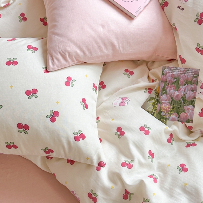91家纺网 家纺一手货源 找家纺 时年 2023新款全棉母婴级有氧双层纱夏被四件套 樱桃小兔