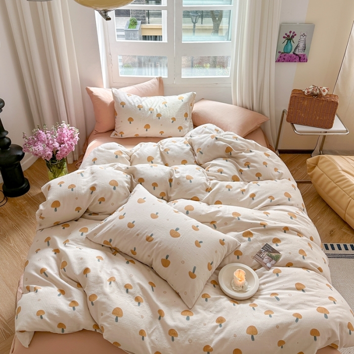 91家纺网 家纺一手货源 找家纺 时年 2023新款全棉母婴级有氧双层纱夏被四件套 小米蘑