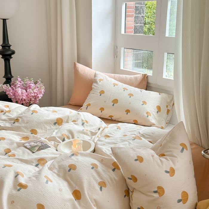 91家纺网 家纺一手货源 找家纺 时年 2023新款全棉母婴级有氧双层纱夏被四件套 小米蘑