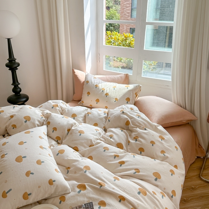 91家纺网 家纺一手货源 找家纺 时年 2023新款全棉母婴级有氧双层纱夏被四件套 小米蘑