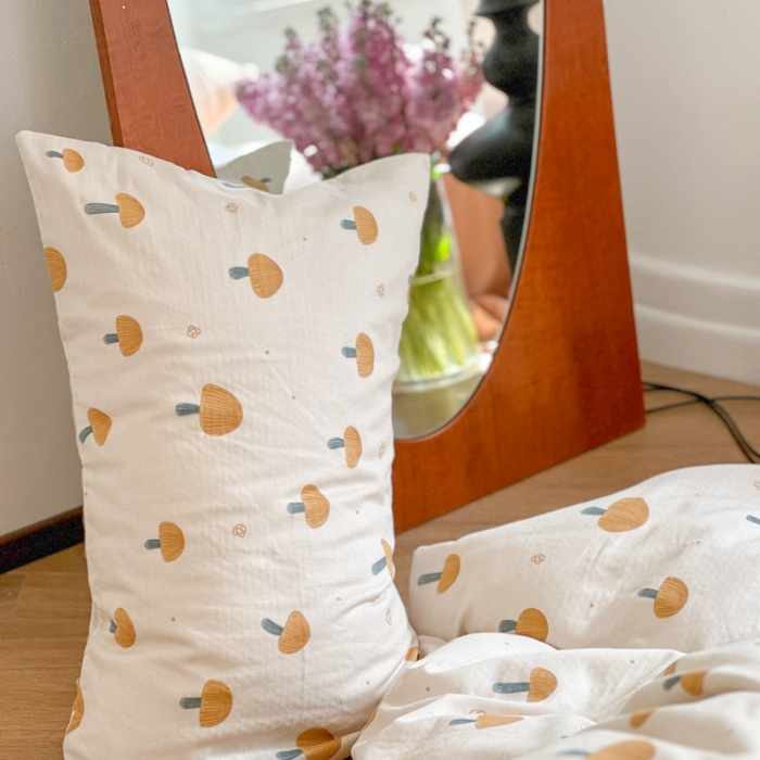 91家纺网 家纺一手货源 找家纺 时年 2023新款全棉母婴级有氧双层纱夏被四件套 小米蘑