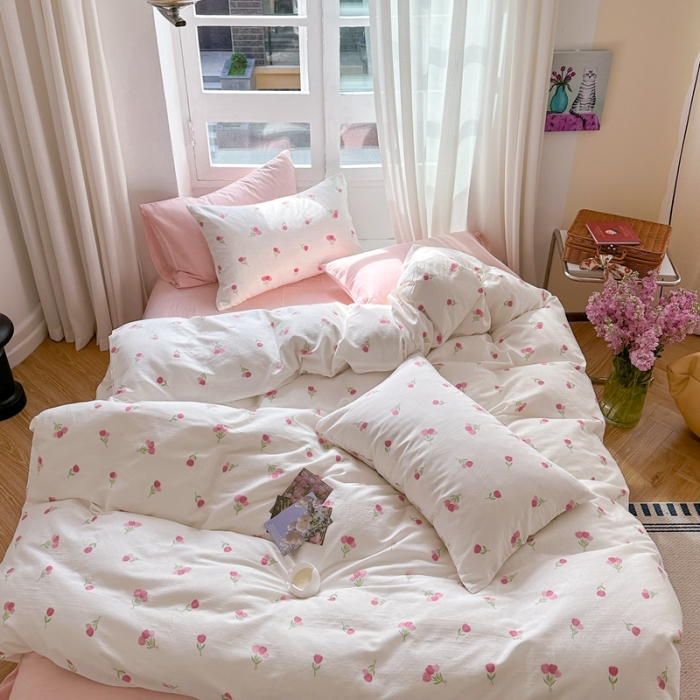 91家纺网 家纺一手货源 找家纺 时年 2023新款全棉母婴级有氧双层纱夏被四件套 仙子