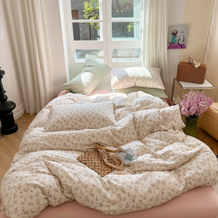 91家纺网 家纺一手货源 找家纺 时年 2023新款全棉母婴级有氧双层纱夏被四件套 浅夕