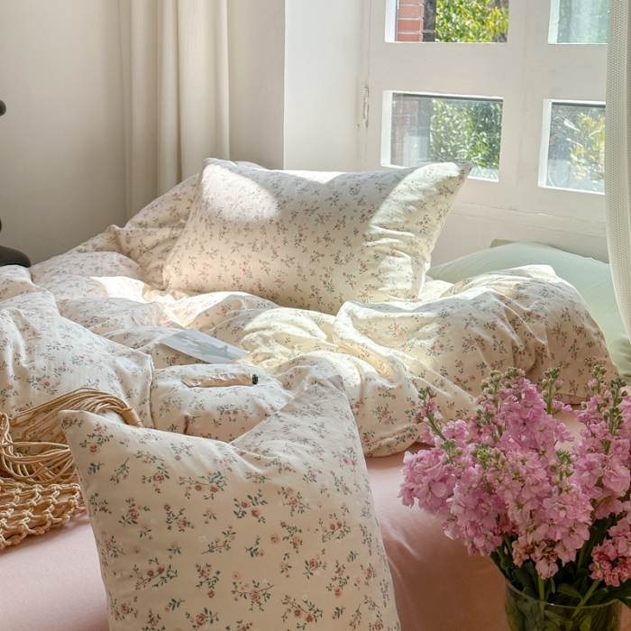 91家纺网 家纺一手货源 找家纺 时年 2023新款全棉母婴级有氧双层纱夏被四件套 浅夕