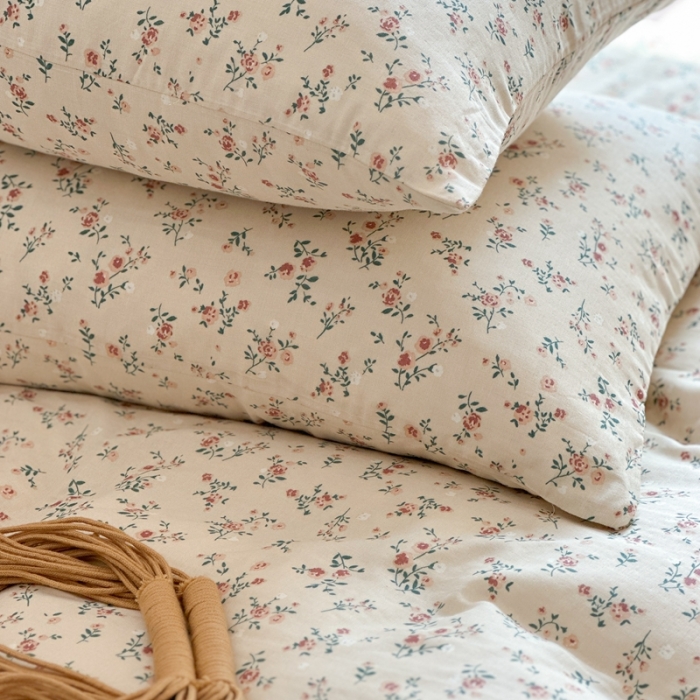 91家纺网 家纺一手货源 找家纺 时年 2023新款全棉母婴级有氧双层纱夏被四件套 浅夕