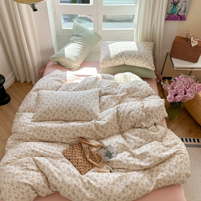 91家纺网 家纺一手货源 找家纺 时年 2023新款全棉母婴级有氧双层纱夏被四件套 浅夕