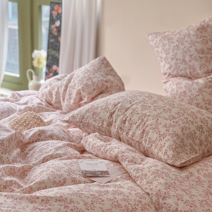91家纺网 家纺一手货源 找家纺 时年 2023新款全棉母婴级有氧双层纱夏被四件套 拈花-粉