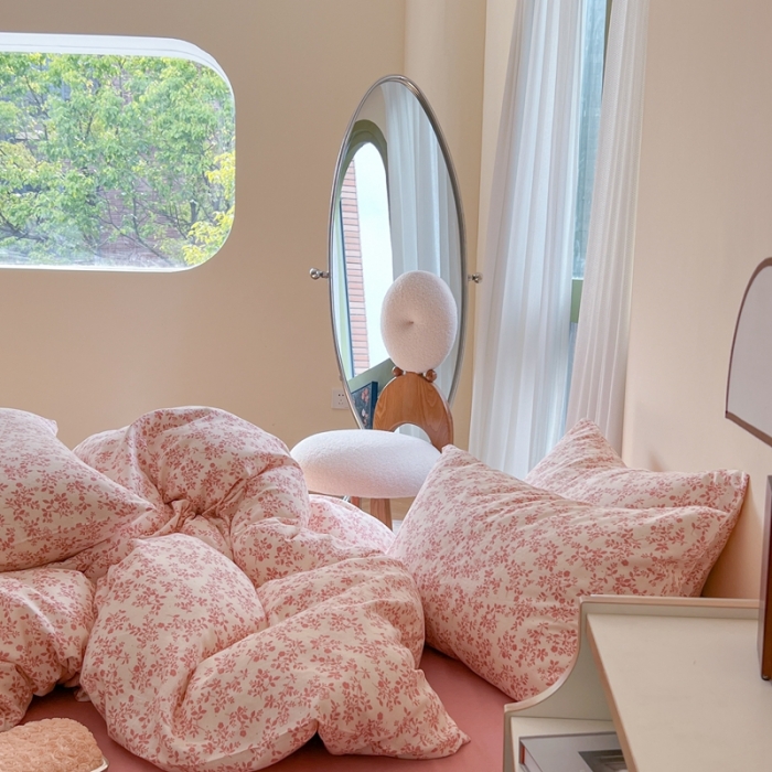 91家纺网 家纺一手货源 找家纺 时年 2023新款全棉母婴级有氧双层纱夏被四件套 拈花-粉