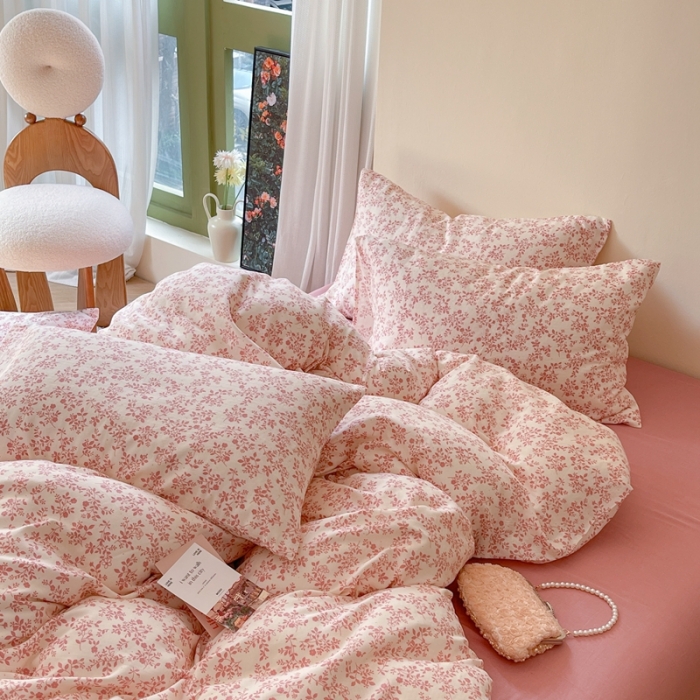 91家纺网 家纺一手货源 找家纺 时年 2023新款全棉母婴级有氧双层纱夏被四件套 拈花-粉