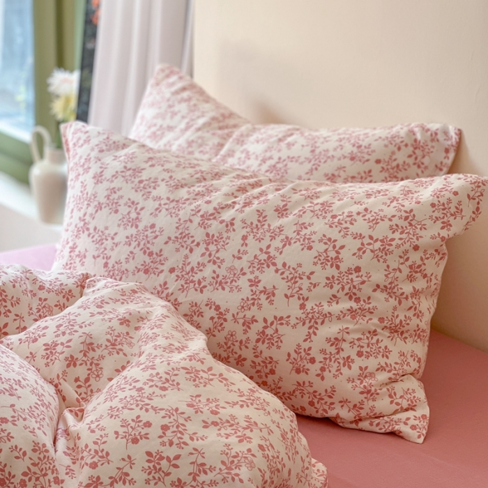 91家纺网 家纺一手货源 找家纺 时年 2023新款全棉母婴级有氧双层纱夏被四件套 拈花-粉