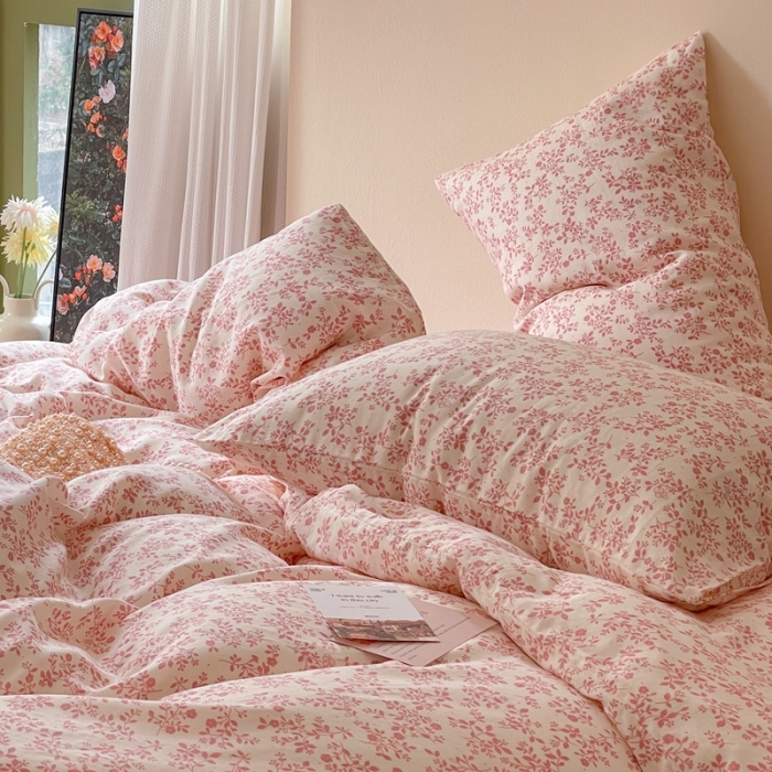 91家纺网 家纺一手货源 找家纺 时年 2023新款全棉母婴级有氧双层纱夏被四件套 拈花-粉