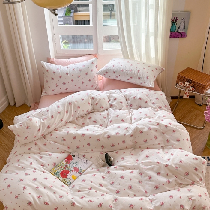 91家纺网 家纺一手货源 找家纺 时年 2023新款全棉母婴级有氧双层纱夏被四件套 陌上花开-粉