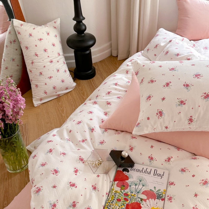 91家纺网 家纺一手货源 找家纺 时年 2023新款全棉母婴级有氧双层纱夏被四件套 陌上花开-粉