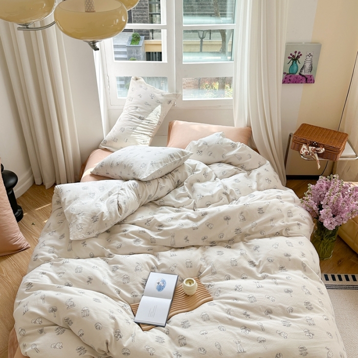 91家纺网 家纺一手货源 找家纺 时年 2023新款全棉母婴级有氧双层纱夏被四件套 米卡兔