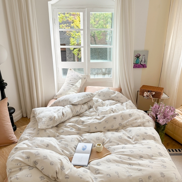 91家纺网 家纺一手货源 找家纺 时年 2023新款全棉母婴级有氧双层纱夏被四件套 米卡兔