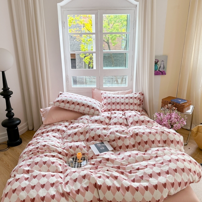 91家纺网 家纺一手货源 找家纺 时年 2023新款全棉母婴级有氧双层纱夏被四件套 菱心格