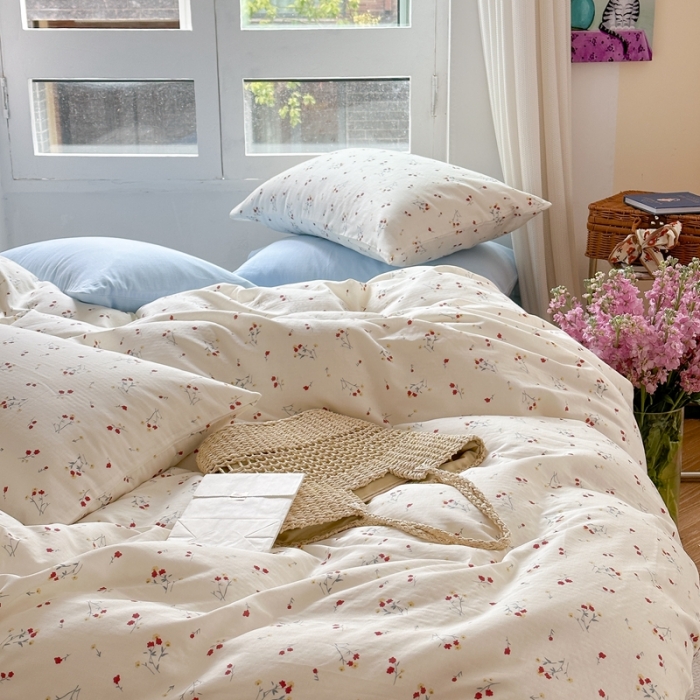 91家纺网 家纺一手货源 找家纺 时年 2023新款全棉母婴级有氧双层纱夏被四件套 花季