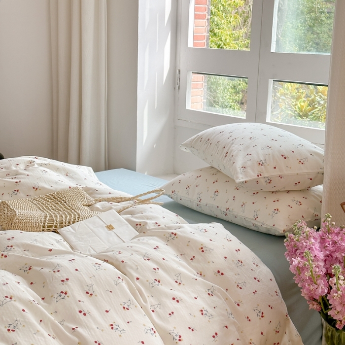 91家纺网 家纺一手货源 找家纺 时年 2023新款全棉母婴级有氧双层纱夏被四件套 花季