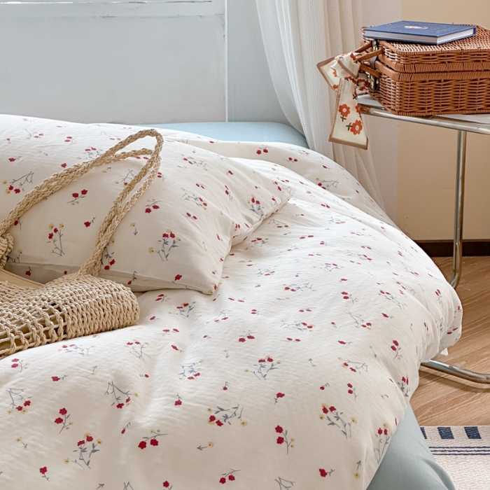 91家纺网 家纺一手货源 找家纺 时年 2023新款全棉母婴级有氧双层纱夏被四件套 花季