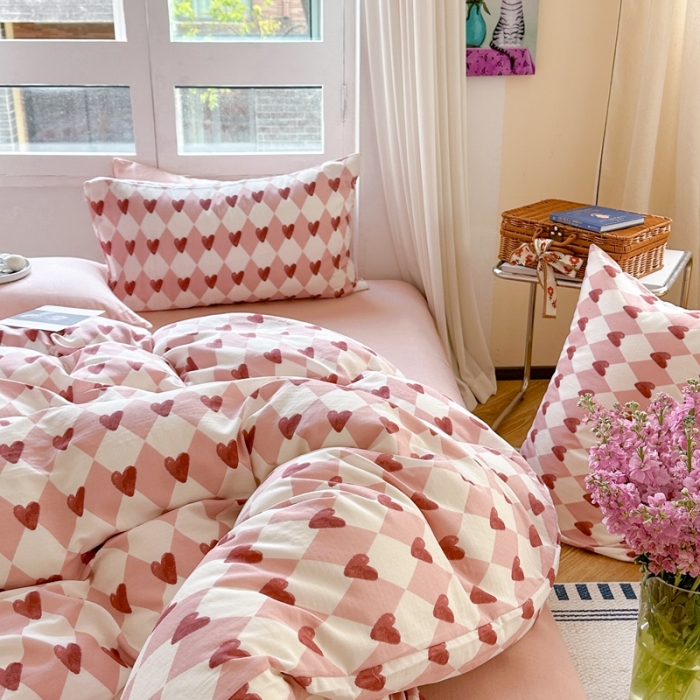 91家纺网 家纺一手货源 找家纺 时年 2023新款全棉母婴级有氧双层纱夏被四件套 菱心格