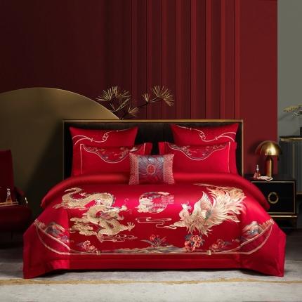 91家纺网 家纺一手货源 找家纺 总高大尚婚庆馆 2023新款双股长绒棉提花系列四件套-金龙喜凤