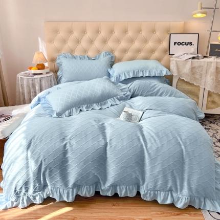 91家纺网 家纺一手货源 找家纺 仟网汇 2023新款菱形格提花泡泡纱四件套 浅蓝