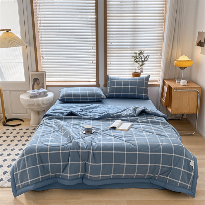 91家纺网 家纺一手货源 找家纺 蓝巢家纺2023新款全棉色织水洗棉A类大豆纤维夏被 夏被-蓝灰大格