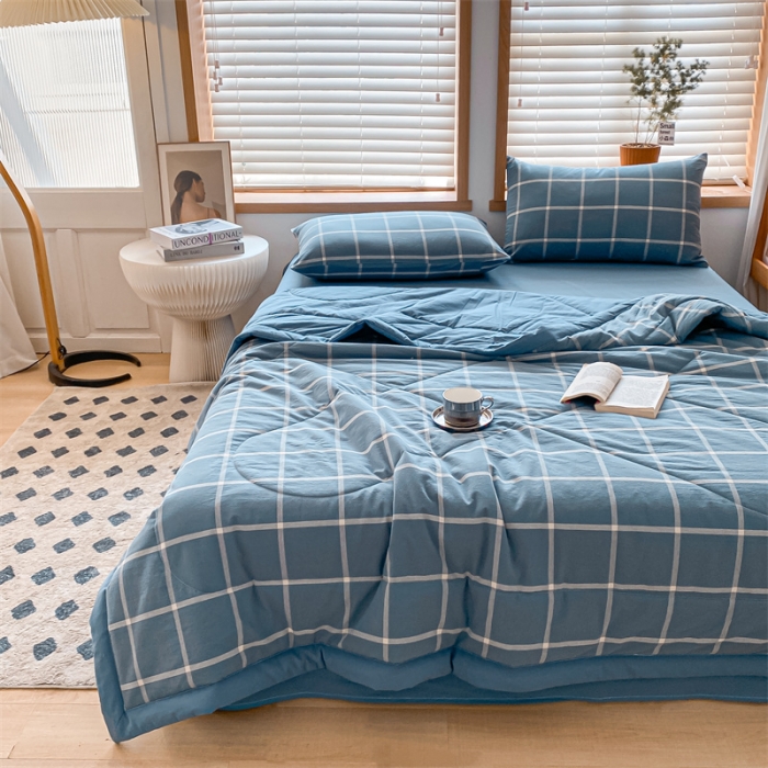 91家纺网 家纺一手货源 找家纺 蓝巢家纺2023新款全棉色织水洗棉A类大豆纤维夏被 夏被-蓝灰大格