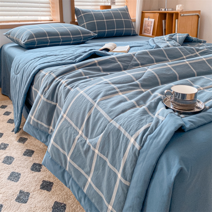 91家纺网 家纺一手货源 找家纺 蓝巢家纺2023新款全棉色织水洗棉A类大豆纤维夏被 夏被-蓝灰大格