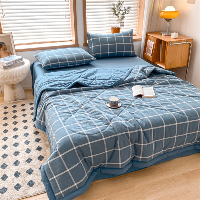 91家纺网 家纺一手货源 找家纺 蓝巢家纺2023新款全棉色织水洗棉A类大豆纤维夏被 夏被-蓝灰大格