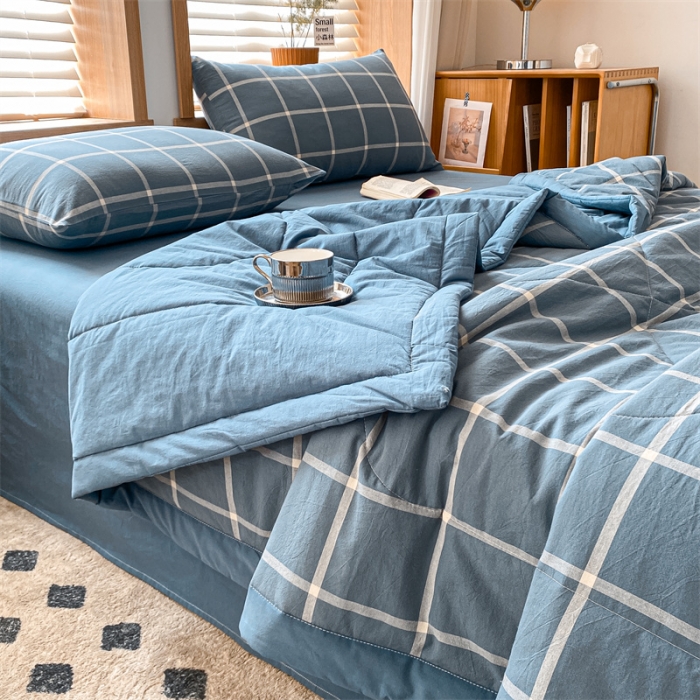 91家纺网 家纺一手货源 找家纺 蓝巢家纺2023新款全棉色织水洗棉A类大豆纤维夏被 夏被-蓝灰大格