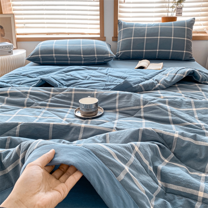 91家纺网 家纺一手货源 找家纺 蓝巢家纺2023新款全棉色织水洗棉A类大豆纤维夏被 夏被-蓝灰大格