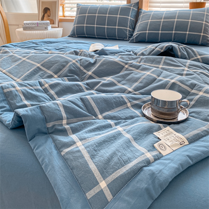 91家纺网 家纺一手货源 找家纺 蓝巢家纺2023新款全棉色织水洗棉A类大豆纤维夏被 夏被-蓝灰大格