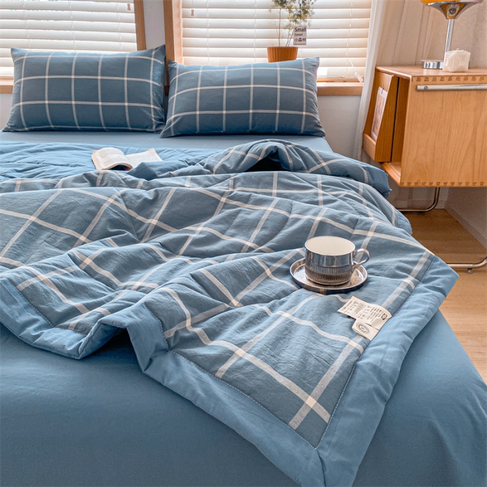 91家纺网 家纺一手货源 找家纺 蓝巢家纺2023新款全棉色织水洗棉A类大豆纤维夏被 夏被-蓝灰大格