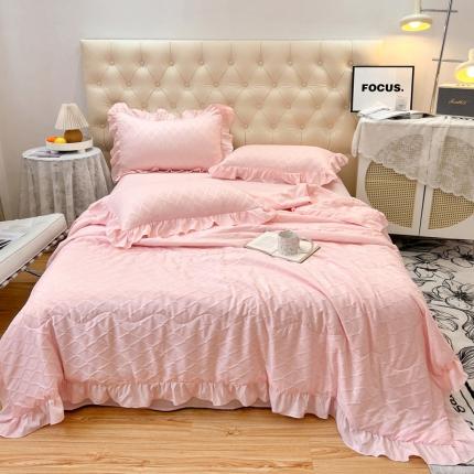 91家纺网 家纺一手货源 找家纺 仟网汇 2023新款菱形格提花泡泡纱夏被四件套 粉玉