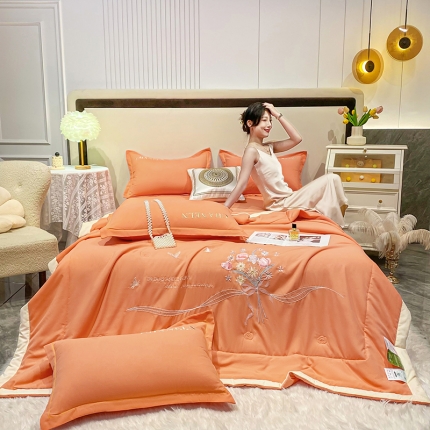 91家纺网 家纺一手货源 找家纺 2023苏米娜刺绣山茶花香夏被四件套天丝棉麻双层纱磨毛纯棉夏凉空调夏被 花香伊人-黄