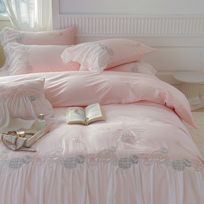 91家纺网 家纺一手货源 找家纺 亲亲公主 2025新款全棉蕾丝公主风四件套-芊芊公主 粉色