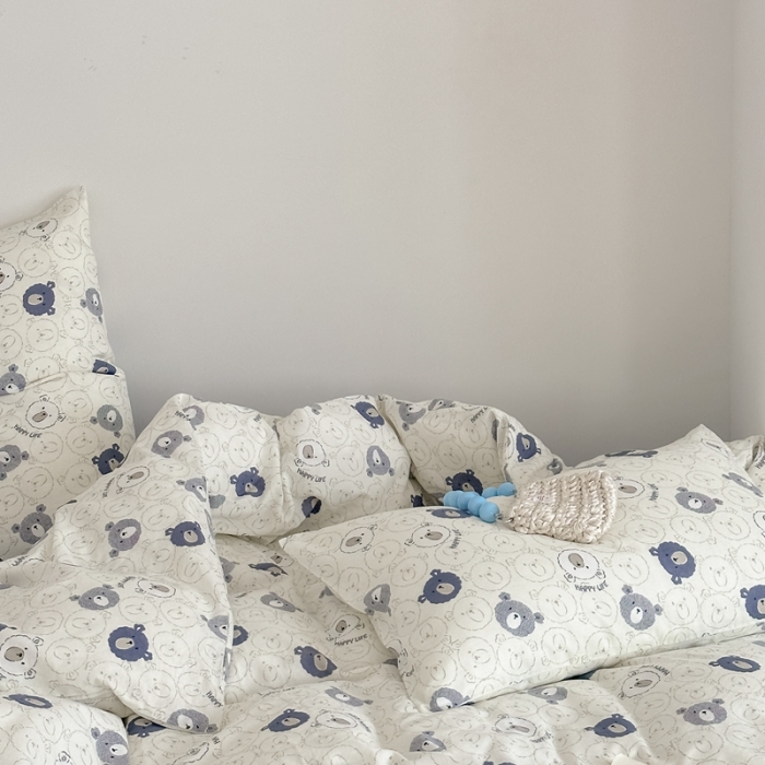 91家纺网 家纺一手货源 找家纺 黛馨 2025新款A类小清新双层纱四件套（实拍）蓝色小熊